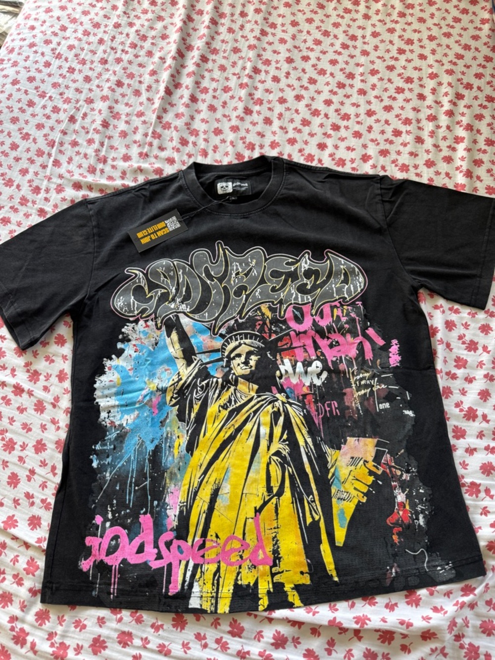 GODSPEED Black Short Sleeve Graphic Tee - Statue of Liberty Graffiti